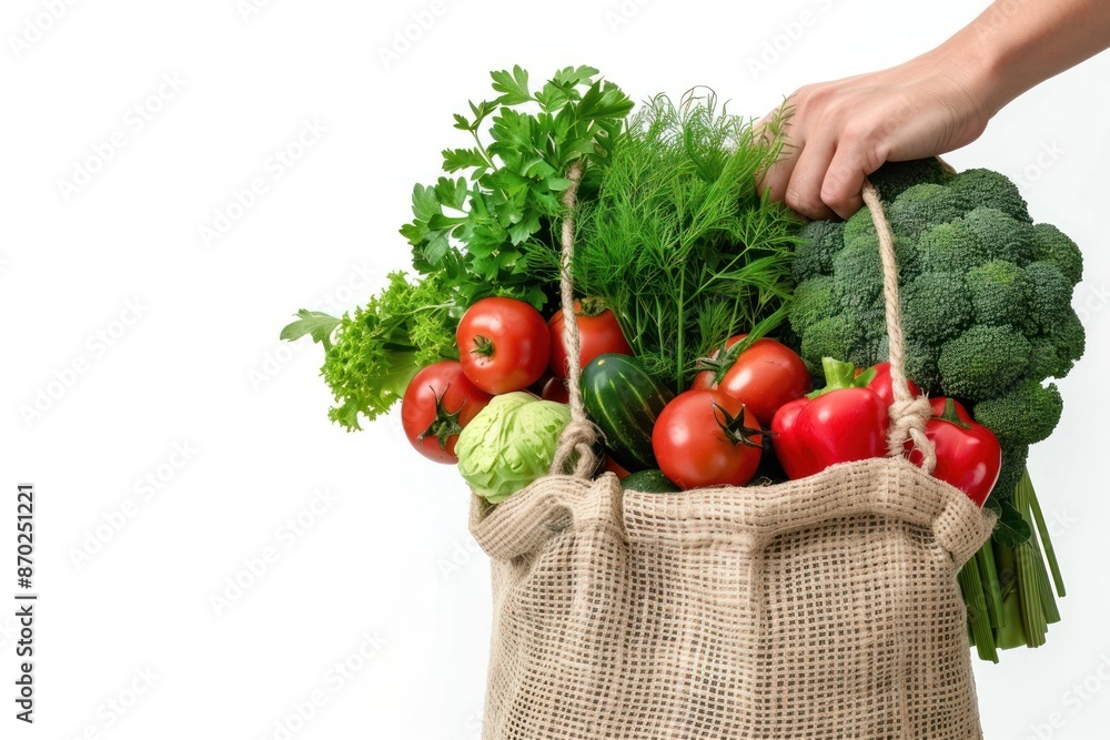 Fototapeta premium Human hand holding bag with fresh vegetables Isolated on white background. ai generative