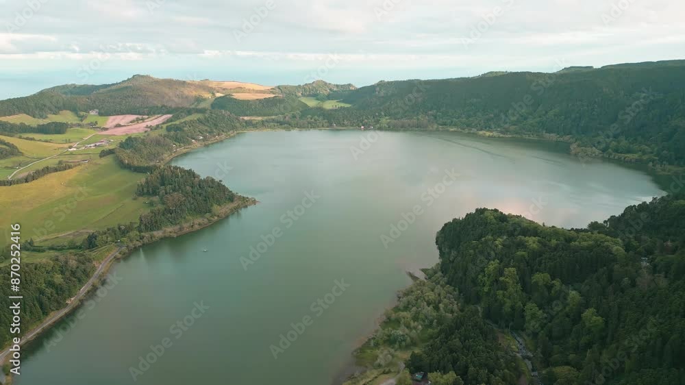 Scenic aerial view of Miradouro Pico do Ferro overlooking Furnas Lake in the Azores, Portugal Scenic aerial view of Miradouro Pico do Ferro overlooking Furnas Lake in the Azores, Portugal