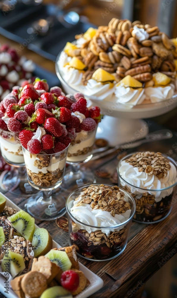 Health-conscious dessert tray featuring colorful fruit parfaits in individual glasses Health-conscious dessert tray featuring colorful fruit parfaits in individual glasses