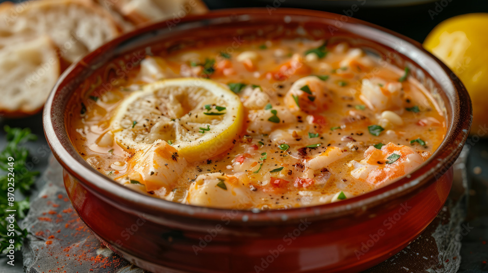 A bowl of seafood soup with lemon and herbs, and bread on the side. A bowl of seafood soup with lemon and herbs, and bread on the side.