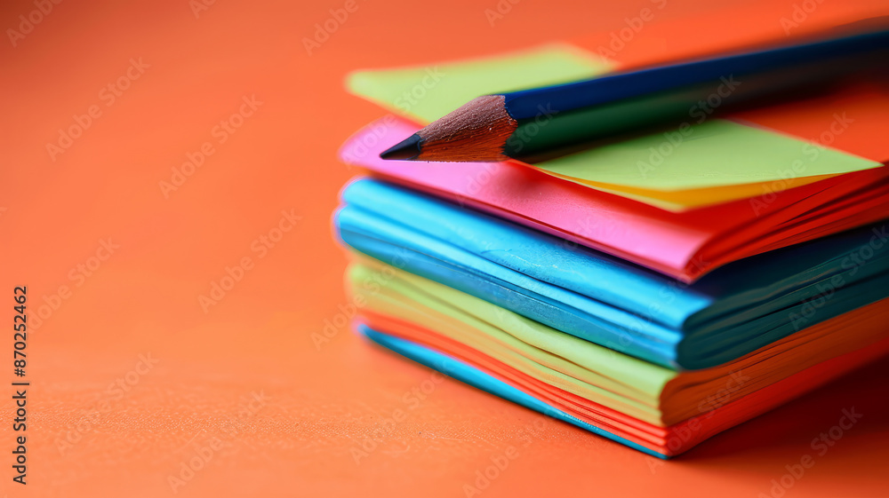 Colorful stack of sticky notes with pencil on an orange background Colorful stack of sticky notes with pencil on an orange background