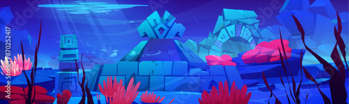 Underwater sunken lost city with stone temple and architecture on sea bottom with corals and algae. Cartoon vector undersea landscape with fantasy Atlantis ruins. Ancient legend civilization building.
