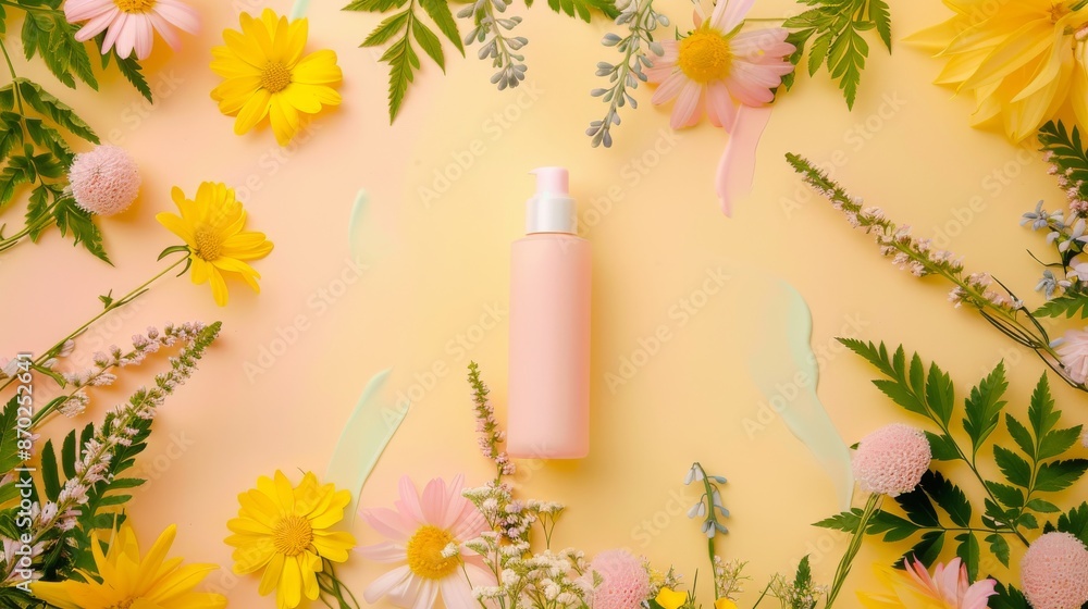 A pink cosmetic bottle surrounded by a variety of colorful spring flowers on a pastel yellow background A pink cosmetic bottle surrounded by a variety of colorful spring flowers on a pastel yellow background