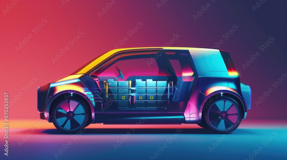 Fototapeta premium Energy storage in electric vehicles with advanced batteries, futuristic tone, vivid color scheme, side view, showcasing sustainable transport