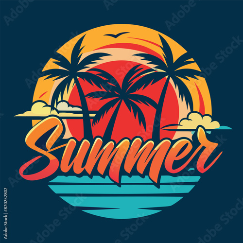 Summer camp vector banner template - Kids summmer camp vector illustration. Happy Summer Holidays with beach summer. Ai generate 