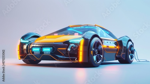 Energy storage in electric vehicles with efficient batteries, robotic tone, complementary color scheme, front view, promoting sustainable transport