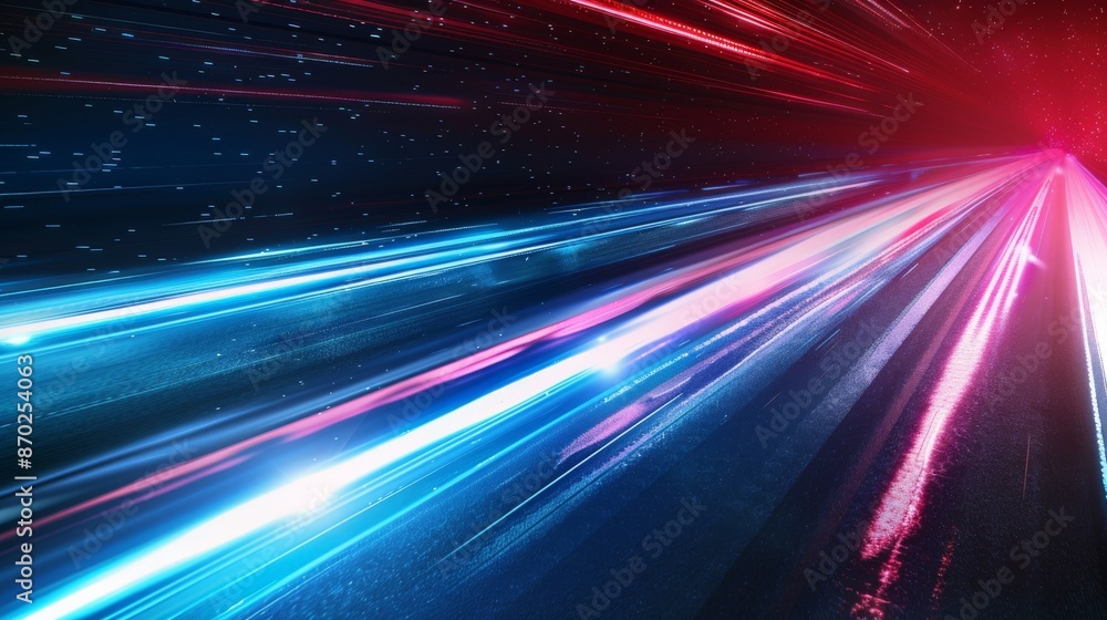 This image captivates with its vivid blue and red light trails that give a sense of high speed on a desolate dark highway at night This image captivates with its vivid blue and red light trails that give a sense of high speed on a desolate dark highway at night