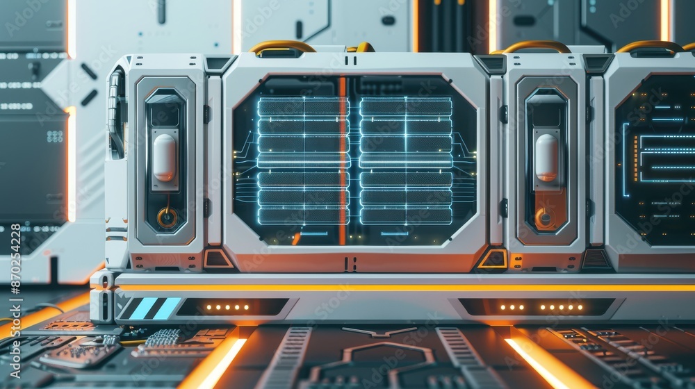 Energy storage solutions for remote areas with large battery units, futuristic tone, vivid color scheme, side view, showcasing sustainable power Energy storage solutions for remote areas with large battery units, futuristic tone, vivid color scheme, side view, showcasing sustainable power