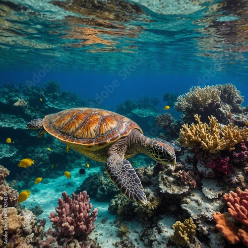 A fish swimming in a crystal-clear pond surrounded by water lilies. 