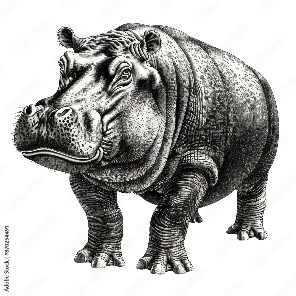 Fototapeta premium Black And White Drawing Hippopotamus Illustration Art, Generative AI