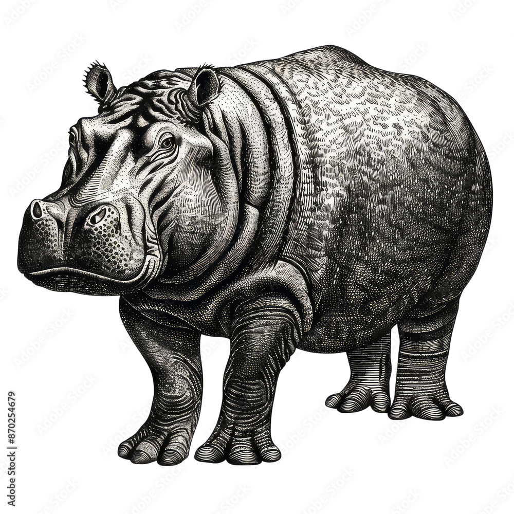 Fototapeta premium Black And White Drawing Hippopotamus Illustration Art, Generative AI