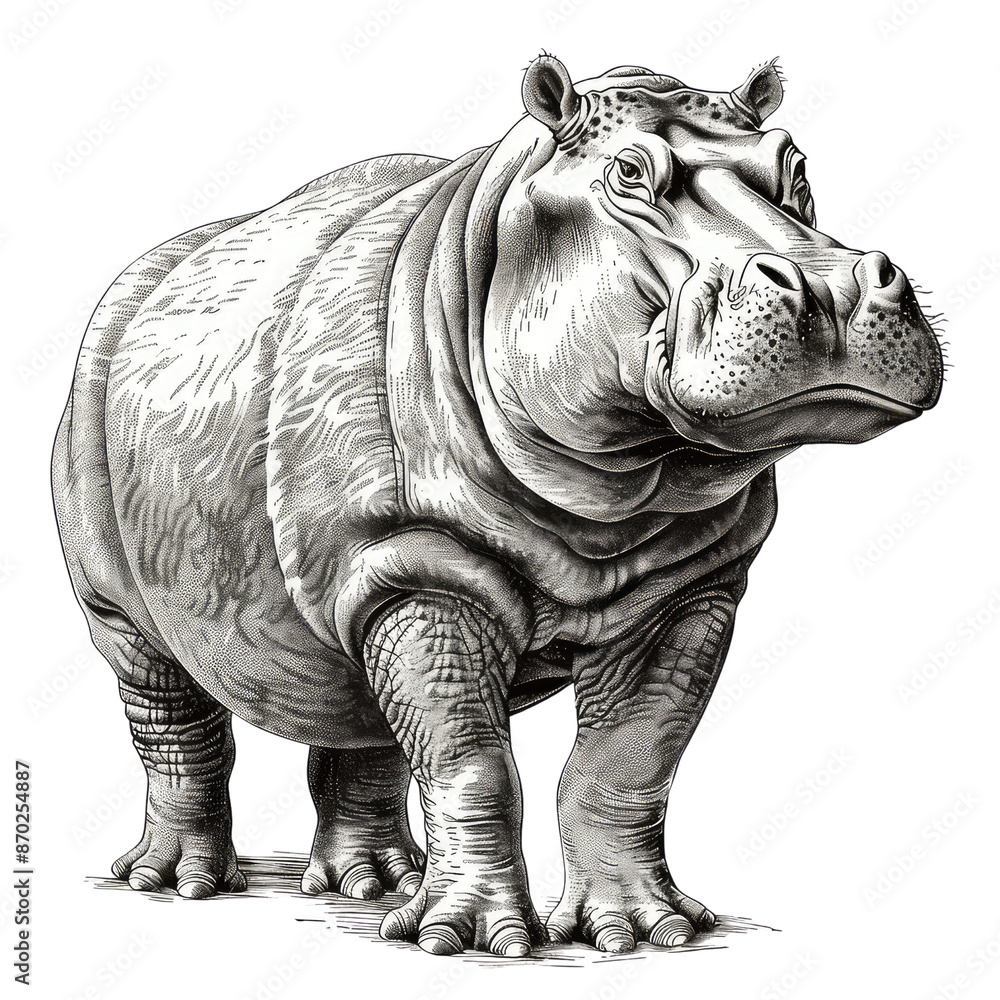 Fototapeta premium Black And White Drawing Hippopotamus Illustration Art, Generative AI