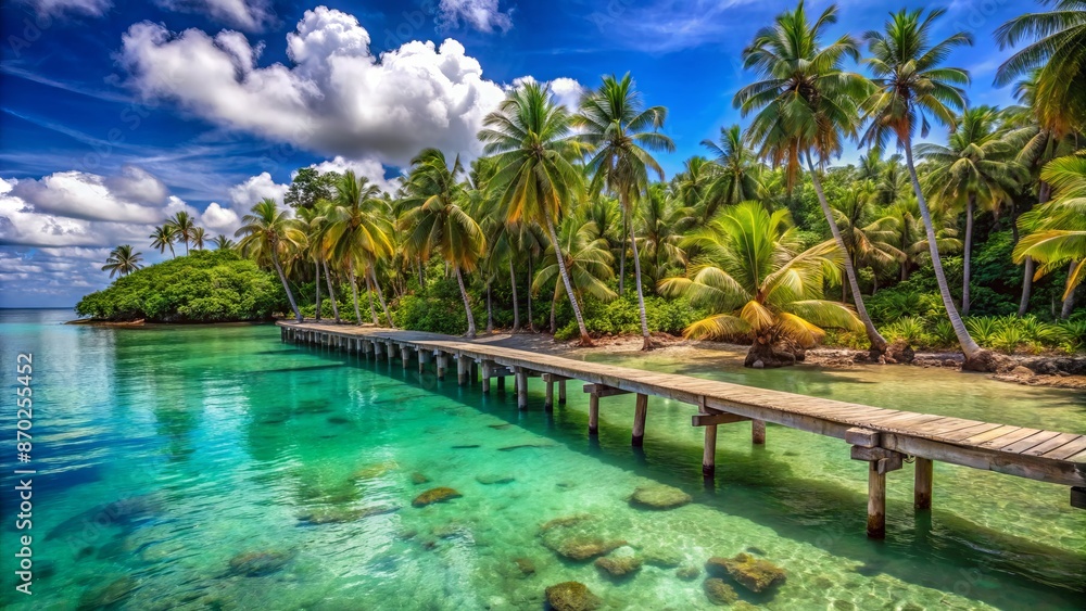 Obraz premium Serene coastline with turquoise waters lapping against weathered wooden pier surrounded by lush green palm trees under blue sky.