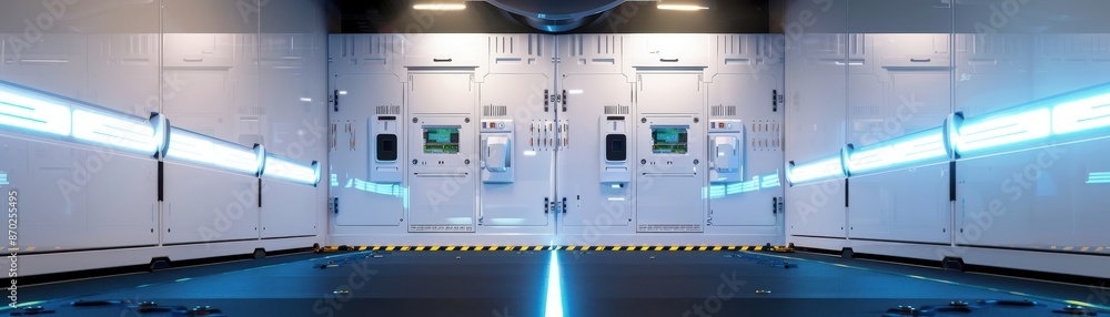 Commercial energy storage unit with smart systems, robotic tone, complementary color scheme, front view, promoting energy efficiency Commercial energy storage unit with smart systems, robotic tone, complementary color scheme, front view, promoting energy efficiency