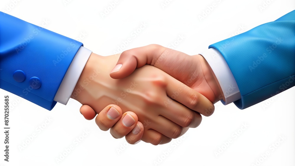 Stylized 3D handshake illustration featuring a blue sleeve on a white background, symbolizing a professional business agreement and partnership deal. Stylized 3D handshake illustration featuring a blue sleeve on a white background, symbolizing a professional business agreement and partnership deal.