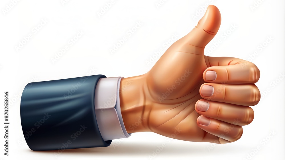 Isolated realistic 3D vector illustration of a male hand giving a thumbs up gesture on a plain white background.