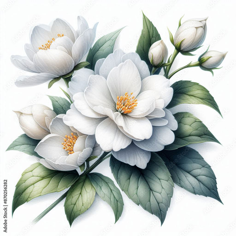 Fototapeta premium Flower Bouquet Illustration Featuring White Peonies with Soft Shadows and Green Leaves for Spring Decoration and Elegant Design Backgrounds