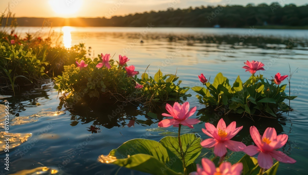 Pink Water Lilies at Sunset. Pink Water Lilies at Sunset.