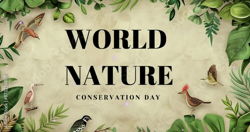 Create a tranquil copy space background for World Nature Conservation Day, featuring lush greenery, delicate wildlife illustrations, and earthy tones to provide a serene backdrop for messages promotin photo