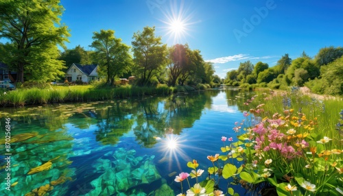 Summer Idyll Cottage by the River with Sunbeams and Flowers.