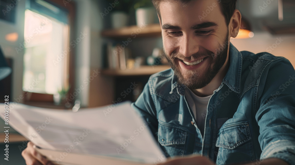 A man is smiling while reading a piece of paper A man is smiling while reading a piece of paper