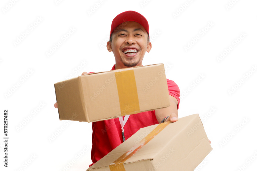 Happy Asian delivery man or courier is holding a cardboard box package parcel, smiling at the camera. Isolated on a white background, Concept of satisfaction and efficiency in delivery services Happy Asian delivery man or courier is holding a cardboard box package parcel, smiling at the camera. Isolated on a white background, Concept of satisfaction and efficiency in delivery services