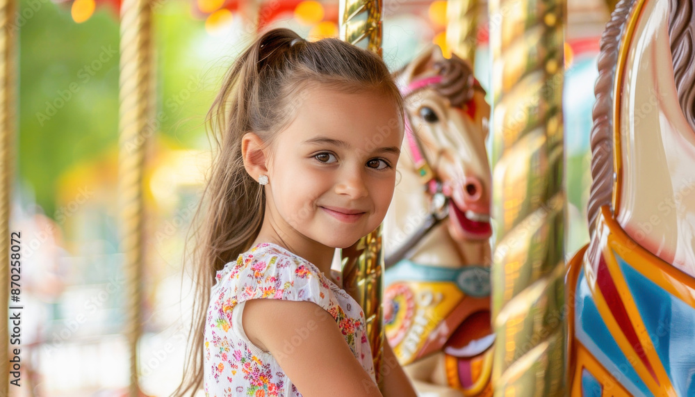 A little girl smiles while happily riding a carousel at an amusement park, enjoying leisure and fun with her family A little girl smiles while happily riding a carousel at an amusement park, enjoying leisure and fun with her family