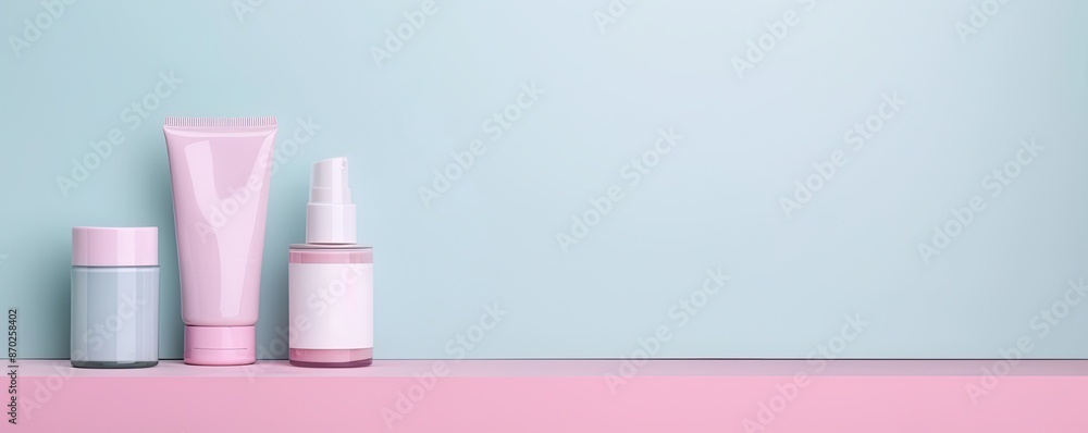 Cosmetics on pastel backdrop, skincare bottles and makeup Cosmetics on pastel backdrop, skincare bottles and makeup