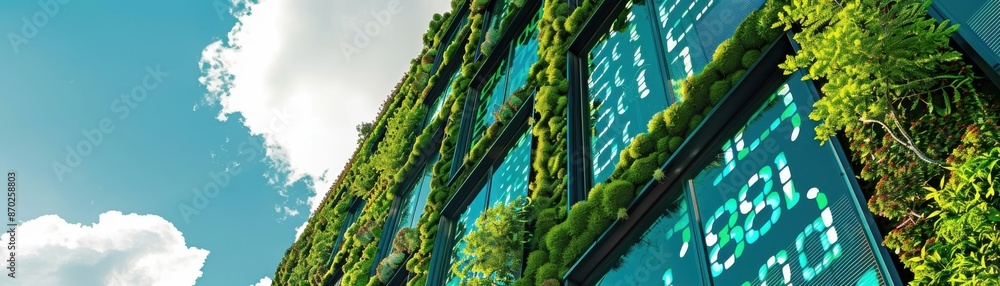 Green building technology with ecofriendly design, digital binary as object, vivid color scheme, side view, showcasing sustainable innovation Green building technology with ecofriendly design, digital binary as object, vivid color scheme, side view, showcasing sustainable innovation