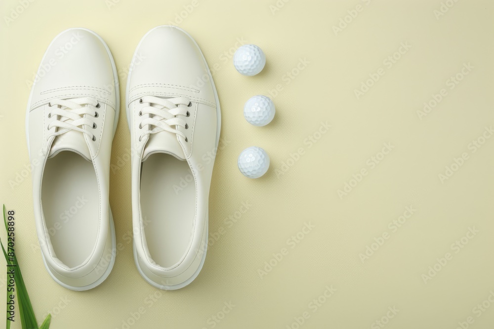 A pair of white shoes with a white laces and a white ball on the ground A pair of white shoes with a white laces and a white ball on the ground