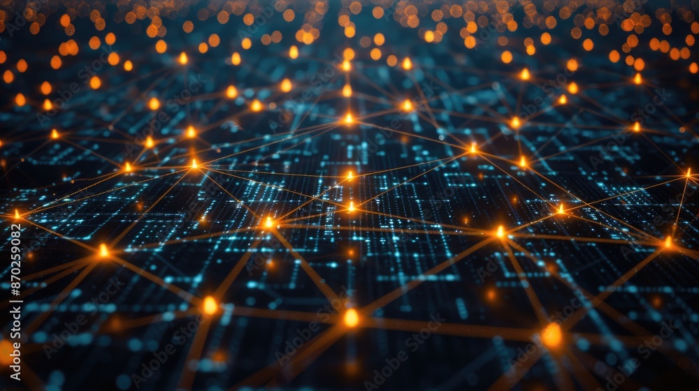 Obraz premium Illuminated Blockchain: Glowing Neon Circuit Patterns Representing Abstract Financial Connections on Dark Background