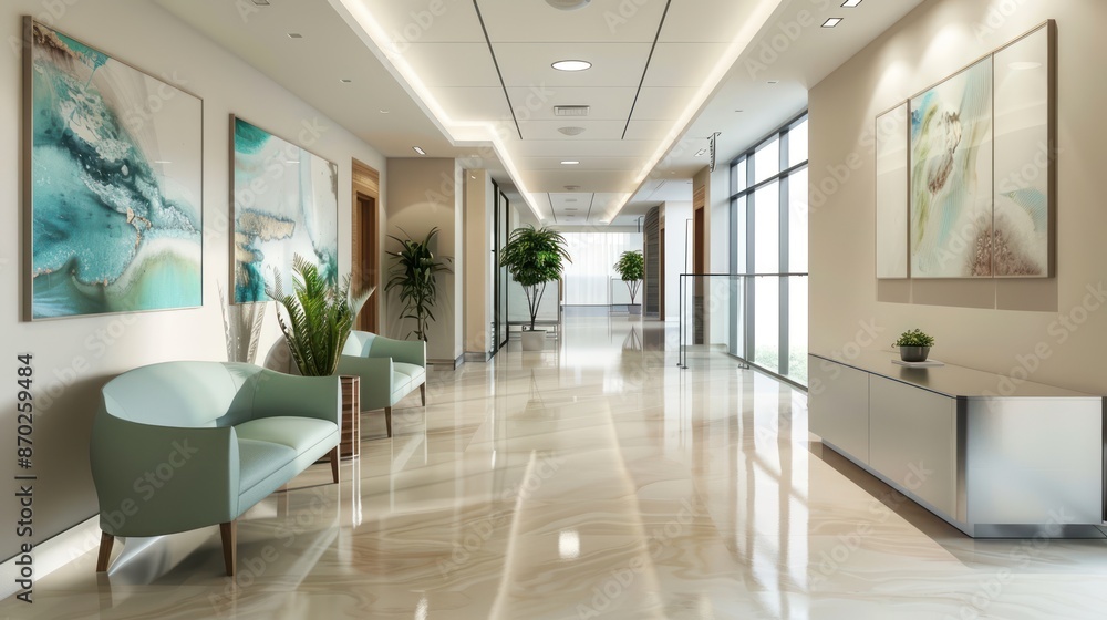 Contemporary hospital interior design with artwork and seating. Stock ...