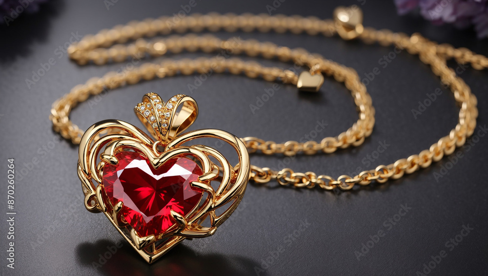 It's a gold necklace with a red heart-shaped pendant.
It's a gold necklace with a red heart-shaped pendant.