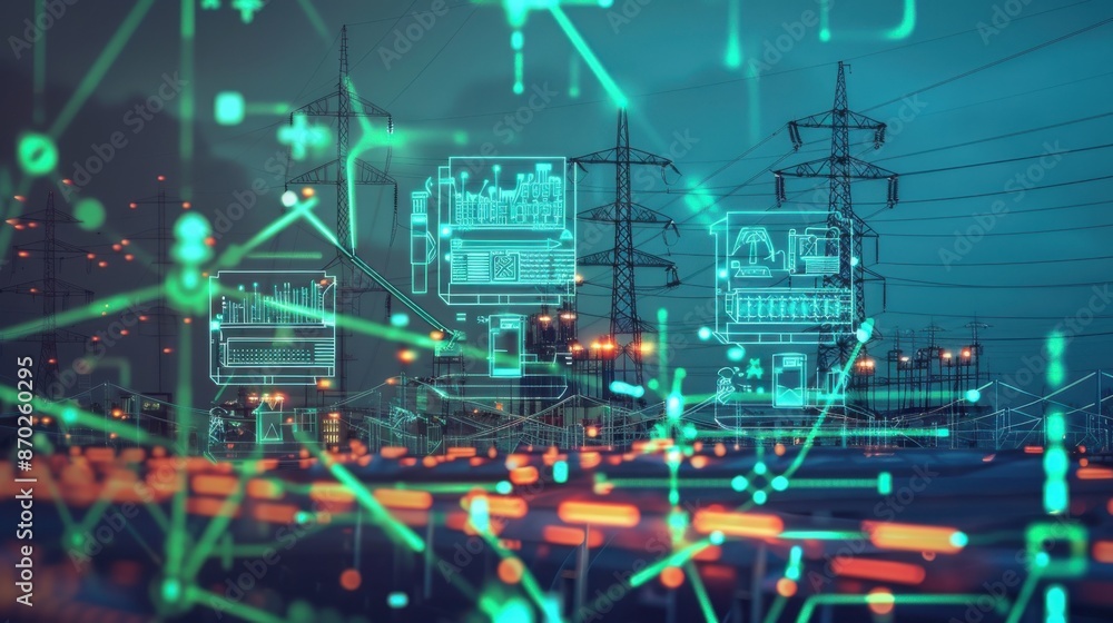 Smart grid components with interconnected systems, digital tone, analogous color scheme, front view, emphasizing advanced energy management Smart grid components with interconnected systems, digital tone, analogous color scheme, front view, emphasizing advanced energy management