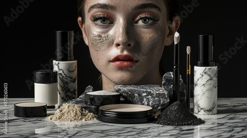 A detailed image showing a woman's face with makeup on one half, surrounded by an array of cosmetics on a dark background photo