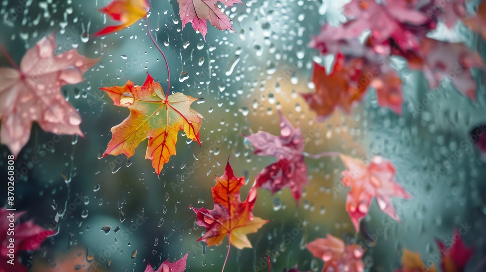 Autumn leaves on the outside window glass on a rainy day. idea of the autumnal season Autumn leaves on the outside window glass on a rainy day. idea of the autumnal season