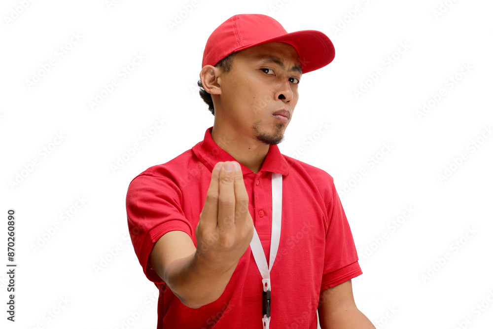 Annoyed Asian delivery man or courier gesturing with a typical Italian hand gesture, expressing annoyance and anger, isolated on a white background Annoyed Asian delivery man or courier gesturing with a typical Italian hand gesture, expressing annoyance and anger, isolated on a white background
