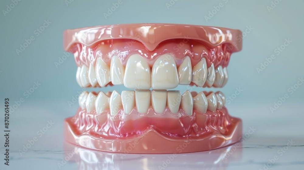 Obraz premium 3D illustration of dental model showing upper and lower teeth with clear aligners, highlighting modern orthodontic devices for teeth alignment.
