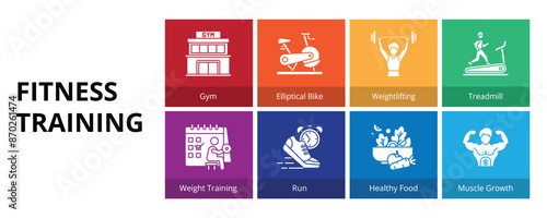 Fitness Training Glyph Solid Banner Web Icon Set Vector Illustration, Weightlifting Elliptical Bike Run Gym Weight Training Healthy Food Muscle Growth Treadmill