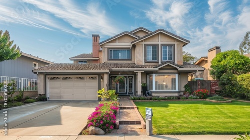 An inviting suburban house with a well-kept garden and a clear blue sky in the background, epitomizing the American dream