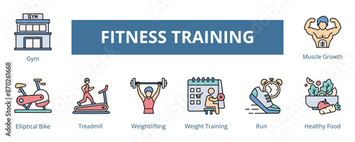 Fitness Training Lineal Color Banner Web Icon Set Vector Illustration, Weightlifting Elliptical Bike Run Gym Weight Training Healthy Food Muscle Growth Treadmill
