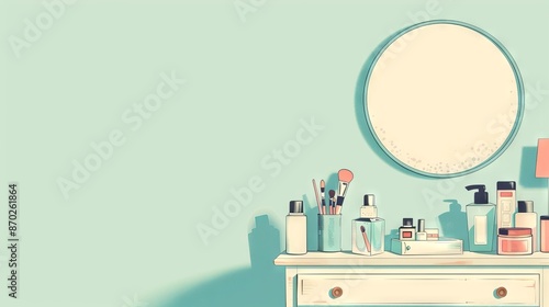Wallpaper Mural A classic vanity table with a round mirror and various beauty and skincare products in a retro-style room with a pastel blue backdrop Torontodigital.ca