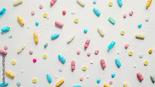 Different Types of Colorful Pills and Tablets on White Background