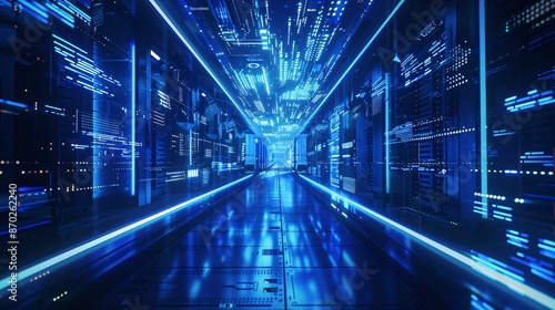 A modern data center with blue lighting and ample space, featuring cutting-edge digital interfaces.