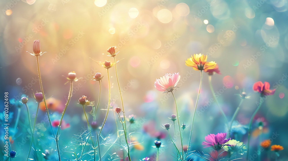 Beautiful summertime flower meadow with sunbeams, a blue sky, and bokeh lights - nature background banner with copy space - springtime wildflowers and greeting card theme Beautiful summertime flower meadow with sunbeams, a blue sky, and bokeh lights - nature background banner with copy space - springtime wildflowers and greeting card theme