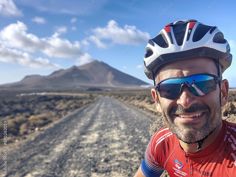Smiling Cyclist Taking a Break on Mountain Road with Scenic Views Smiling Cyclist Taking a Break on Mountain Road with Scenic Views