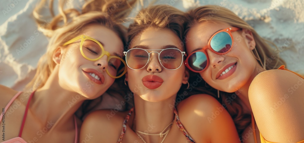 Three Women Posing on Sandy Beach
Three Women Posing on Sandy Beach