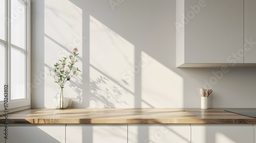 Minimalist Kitchen with Plant on Countertop and Sunlight through Window © C