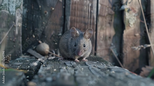 Gray small cute mouse on wooden background. 