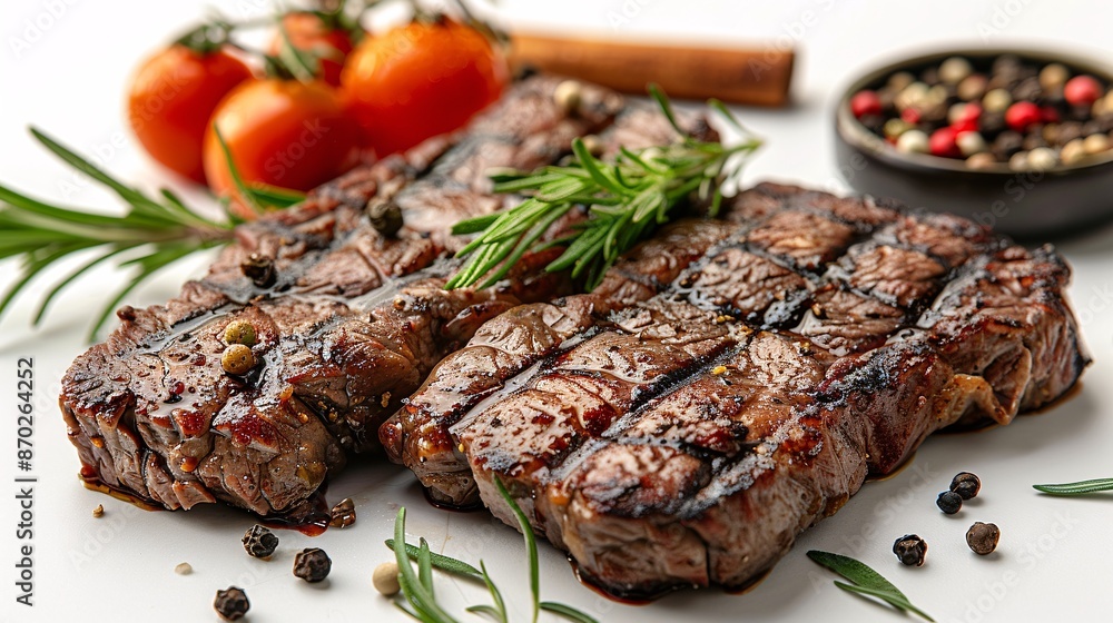 Succulent, grilled steak with seasonings on a plain backdrop. Succulent, grilled steak with seasonings on a plain backdrop.